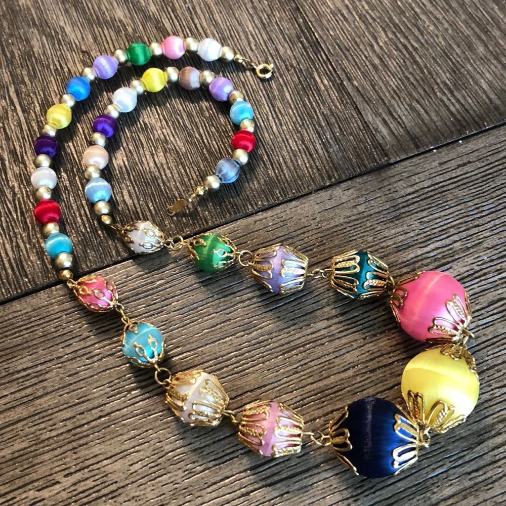 Vintage Rainbow Satin Silk Thread Bead Necklace